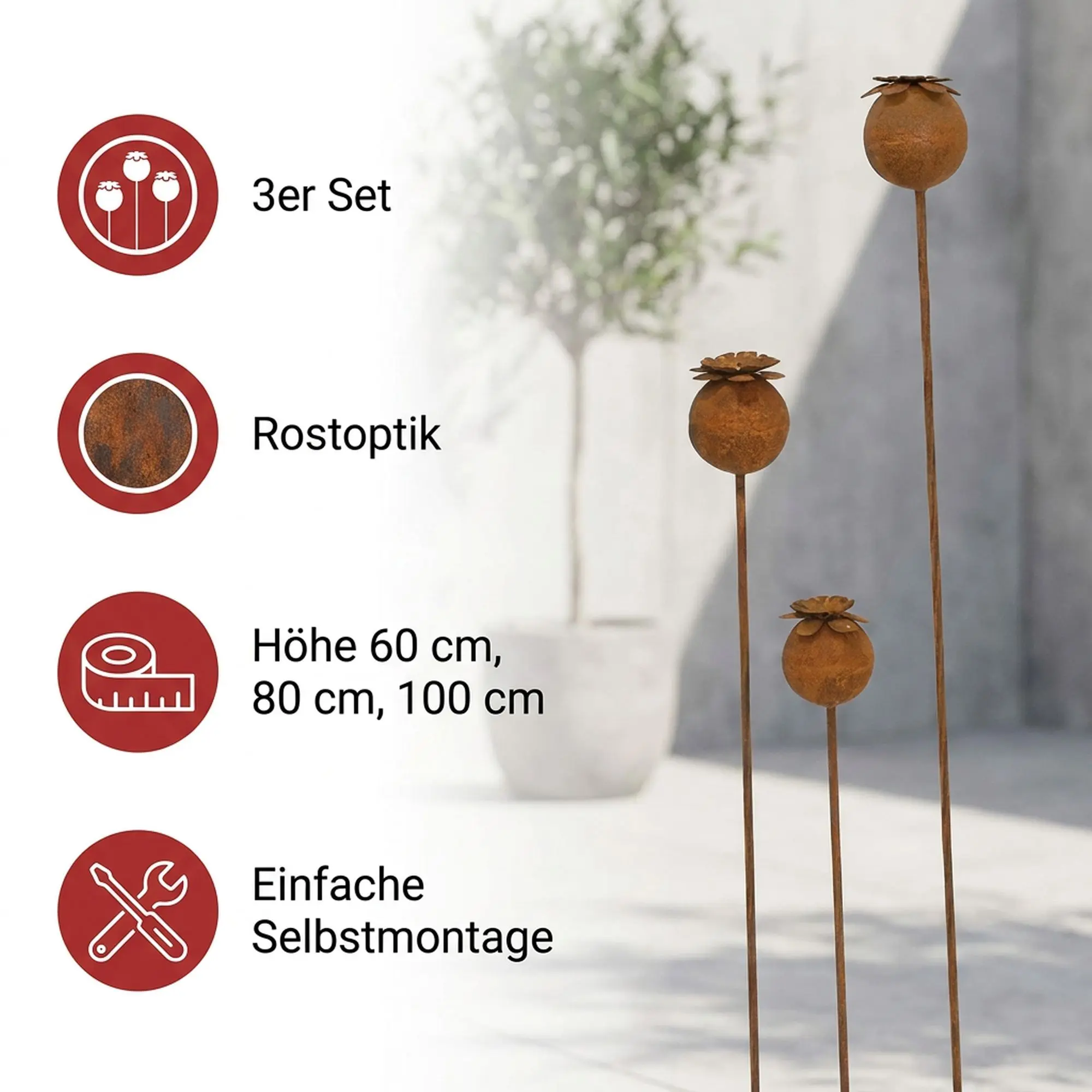 Acheter Lot de 3 pics de jardin "coquelicot"  dans la boutique en ligne de Frank Flechtwaren pour Décoration rouille pour votre jardin