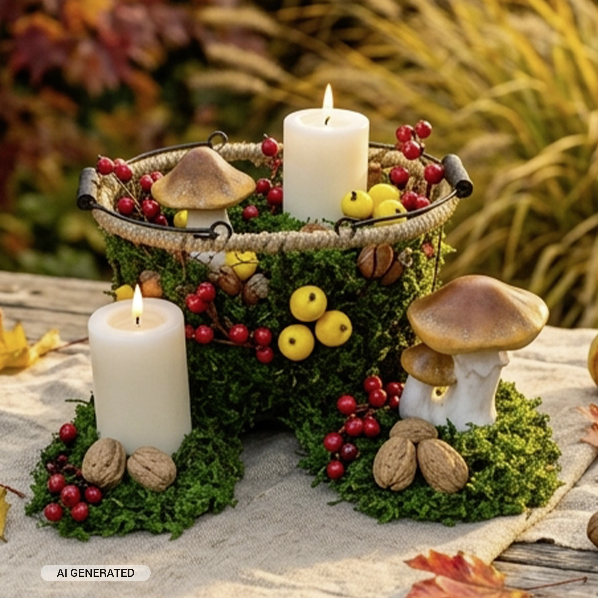 Décoration d'automne : couronne de mousse avec des bougies, des baies, des noix et des champignons en céramique pour une décoration de table naturelle