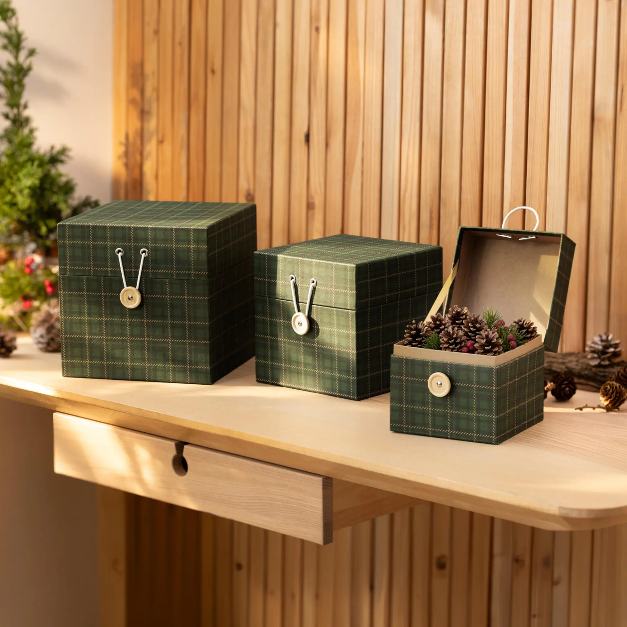 Acheter Coffret cadeau « Carreaux verts », lot de 3  dans la boutique en ligne de Frank Flechtwaren pour Coffrets cadeaux