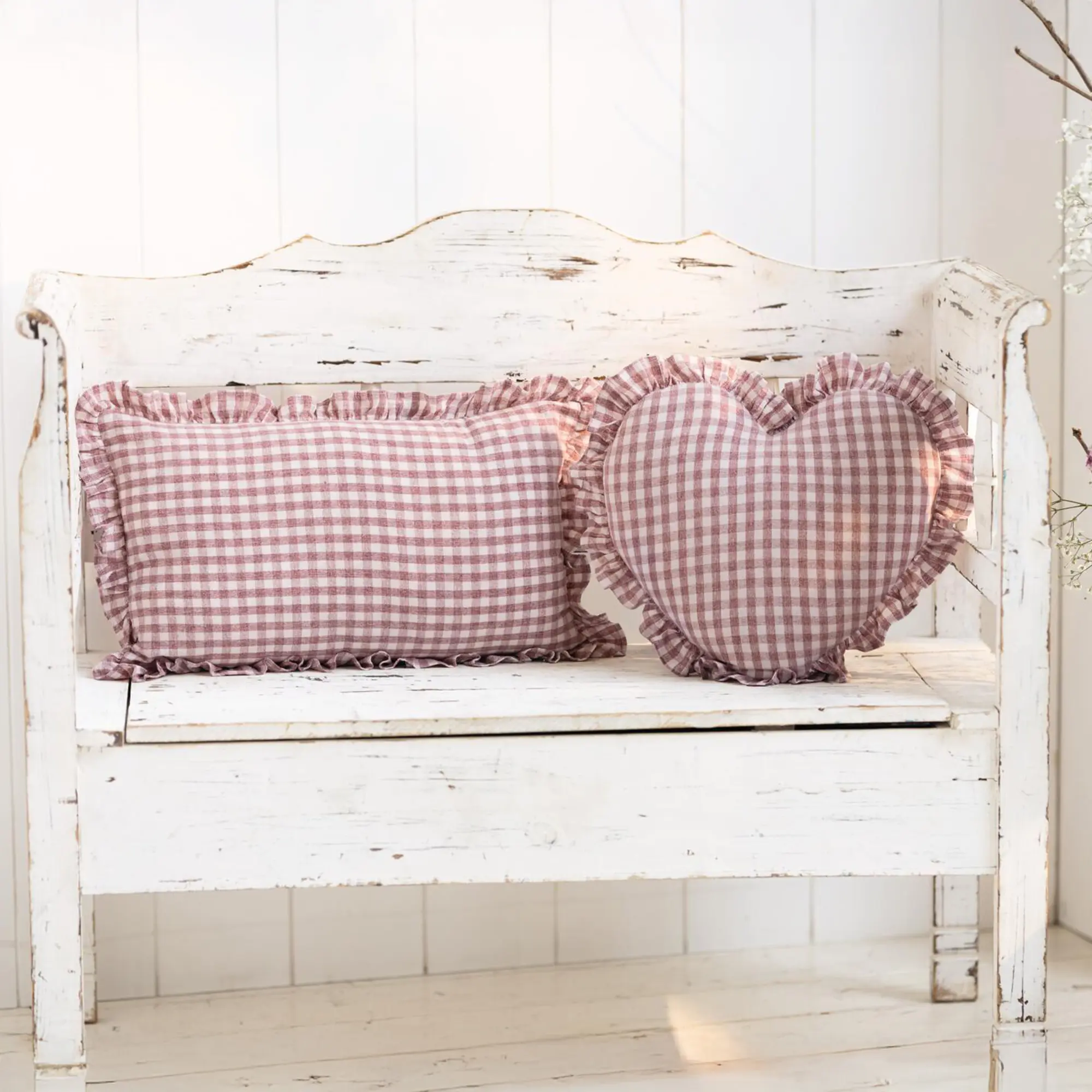 Acheter Coussin coeur "carreaux vintage"  dans la boutique en ligne de Frank Flechtwaren pour Charme champêtre