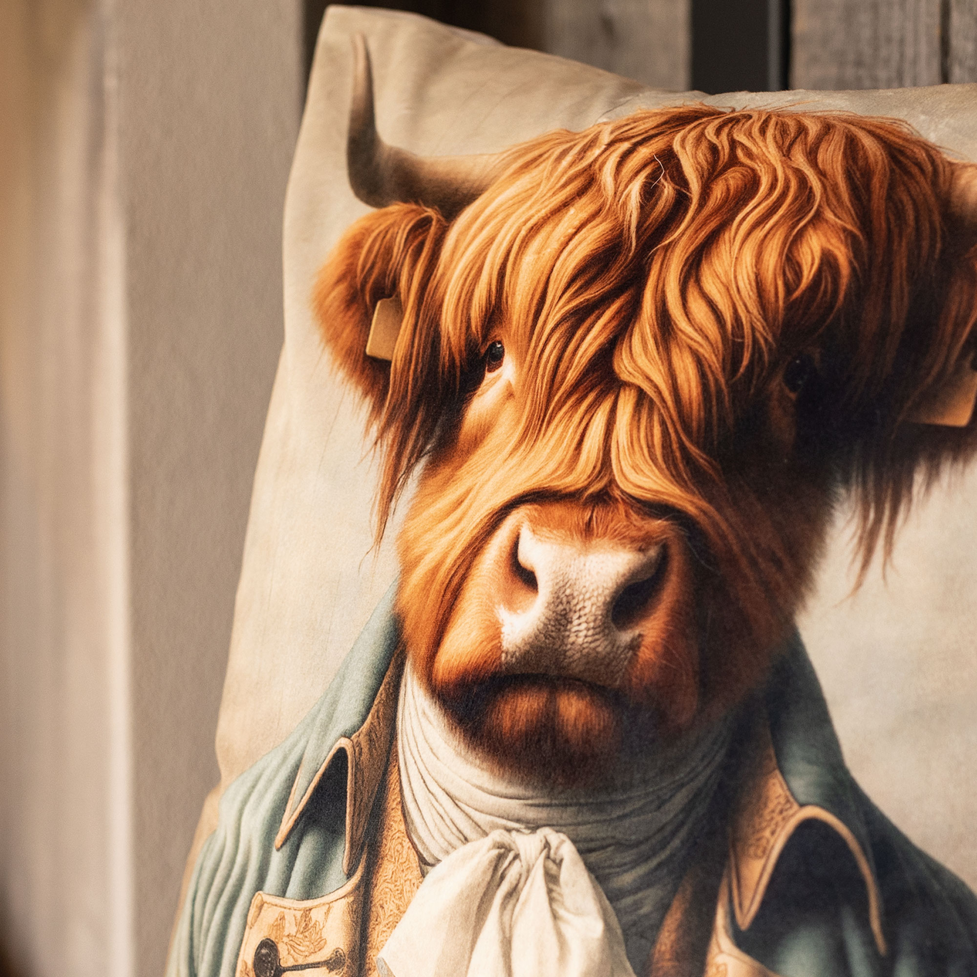 Coussin décoratif orné d'un motif représentant un bœuf des Highlands hirsute vêtu d'un costume d'époque