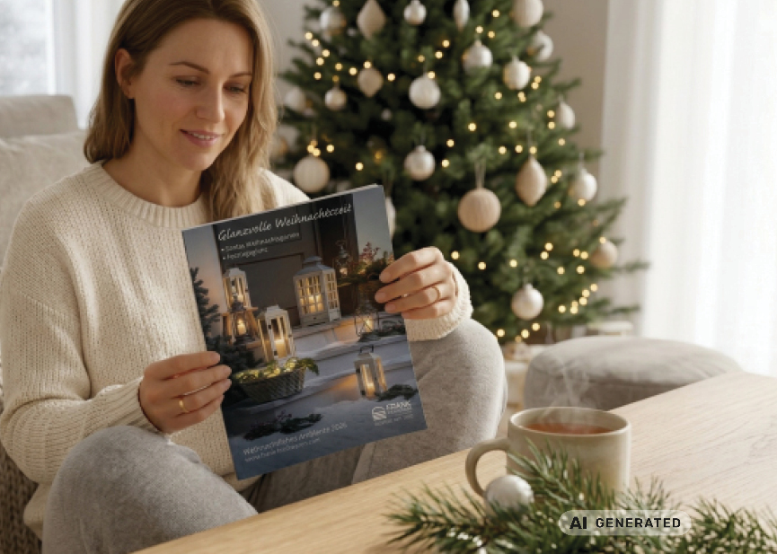 Une personne tient le catalogue « Ambiance de Noël 2026 » dans un cadre chaleureux, devant un sapin de Noël décoré de guirlandes lumineuses et de boules de Noël