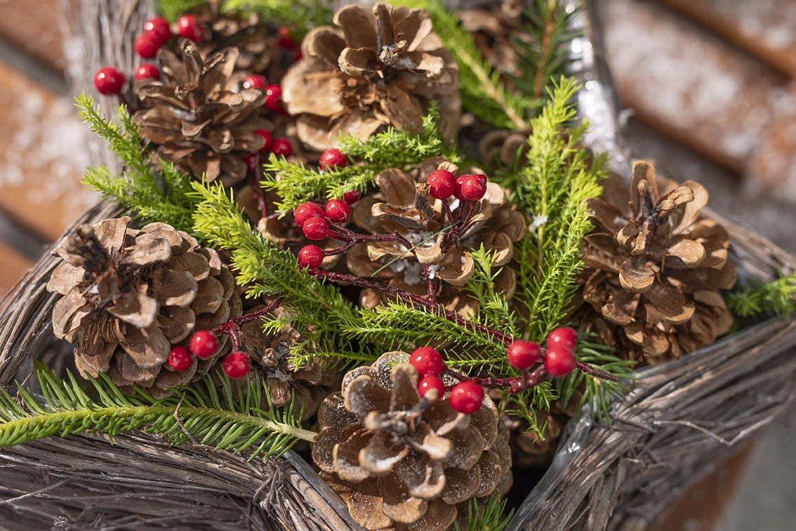 Composition de Noël composée de pommes de pin, de brindilles de sapin et de baies rouges, présentée dans un panier tressé en matériaux naturels
