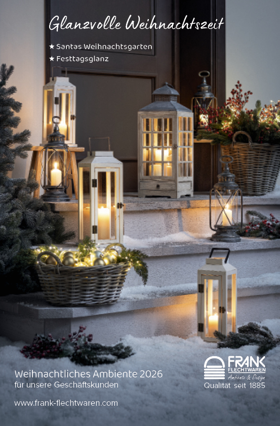 Catalogue « Ambiance de Noël 2026 » destiné aux professionnels, proposant des décorations de Noël enneigées, des lanternes lumineuses, des paniers tressés, des branches de sapin et des boules de Noël