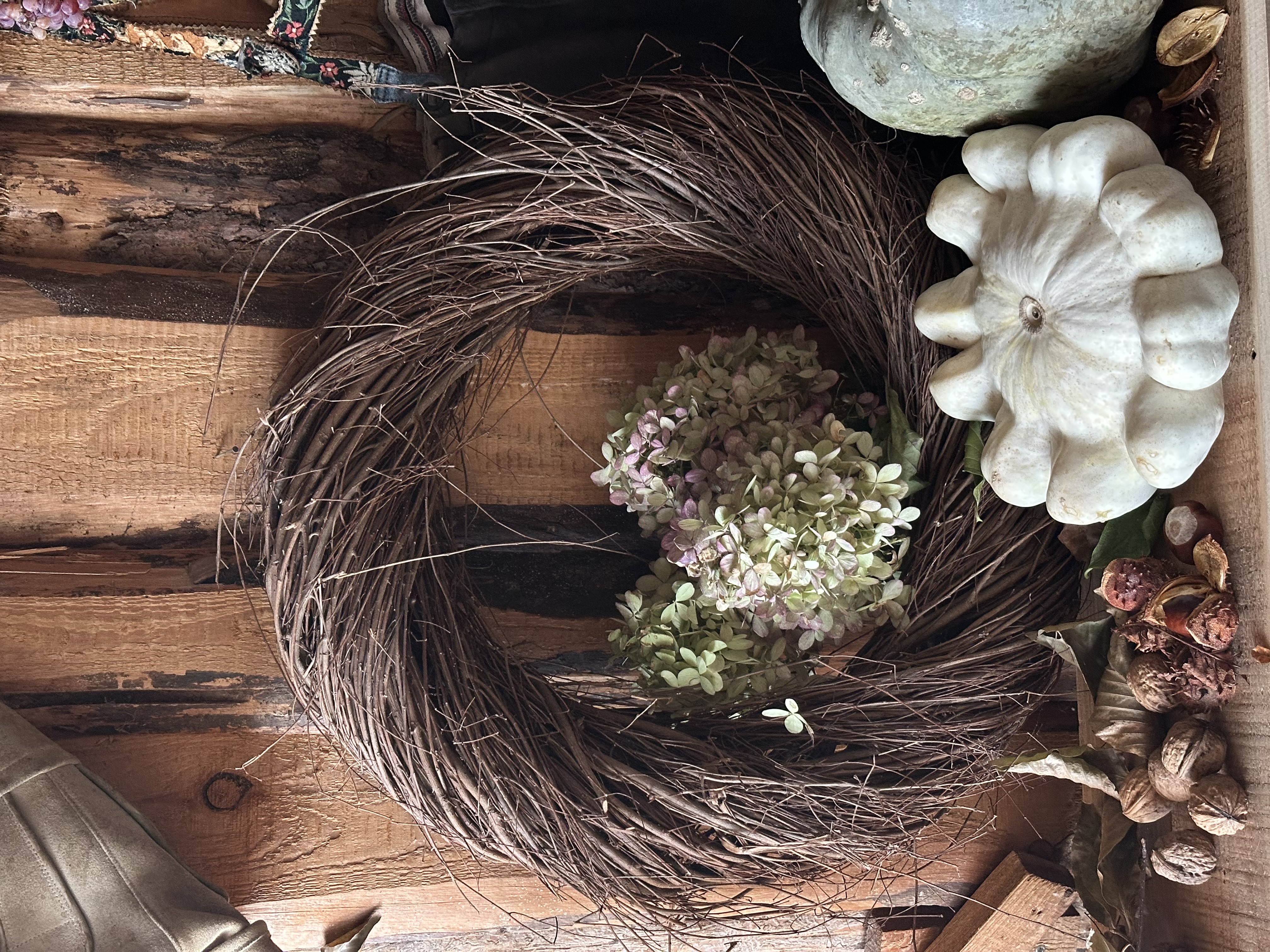 Décoration d'automne : couronne de branches avec des hortensias, des citrouilles décoratives blanches et des noix, pour une décoration naturelle