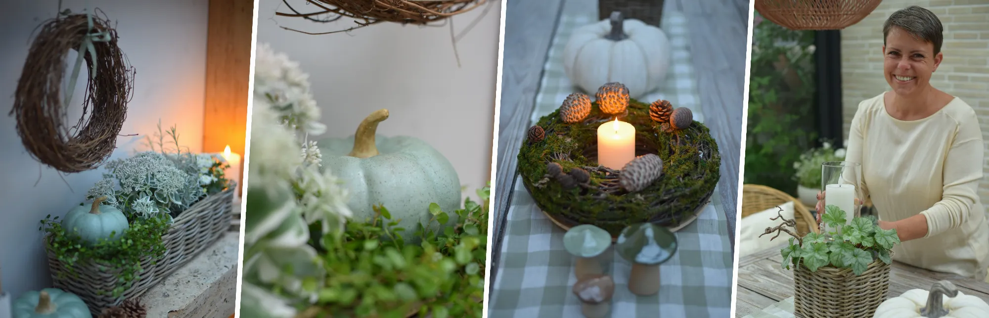 Décoration d'automne : collage avec des citrouilles décoratives, une couronne de mousse, une lanterne et des matériaux naturels dans un style champêtre