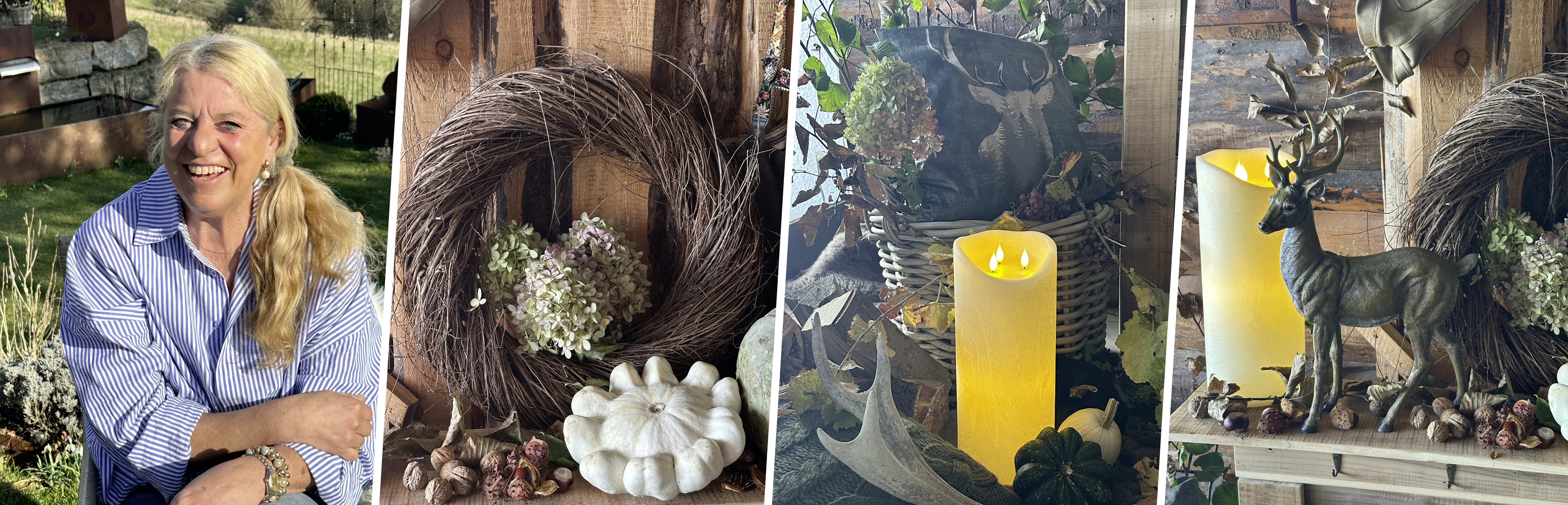 Idées déco : décoration d'automne avec une figurine de cerf, une couronne naturelle, des bougies LED et des citrouilles, dans un style maison de campagne