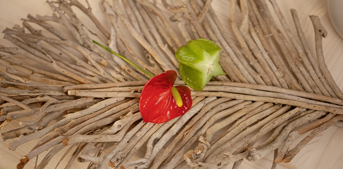 Décoration naturelle : tressage de branches avec des anthuriums rouges et des caramboles pour une décoration de table moderne