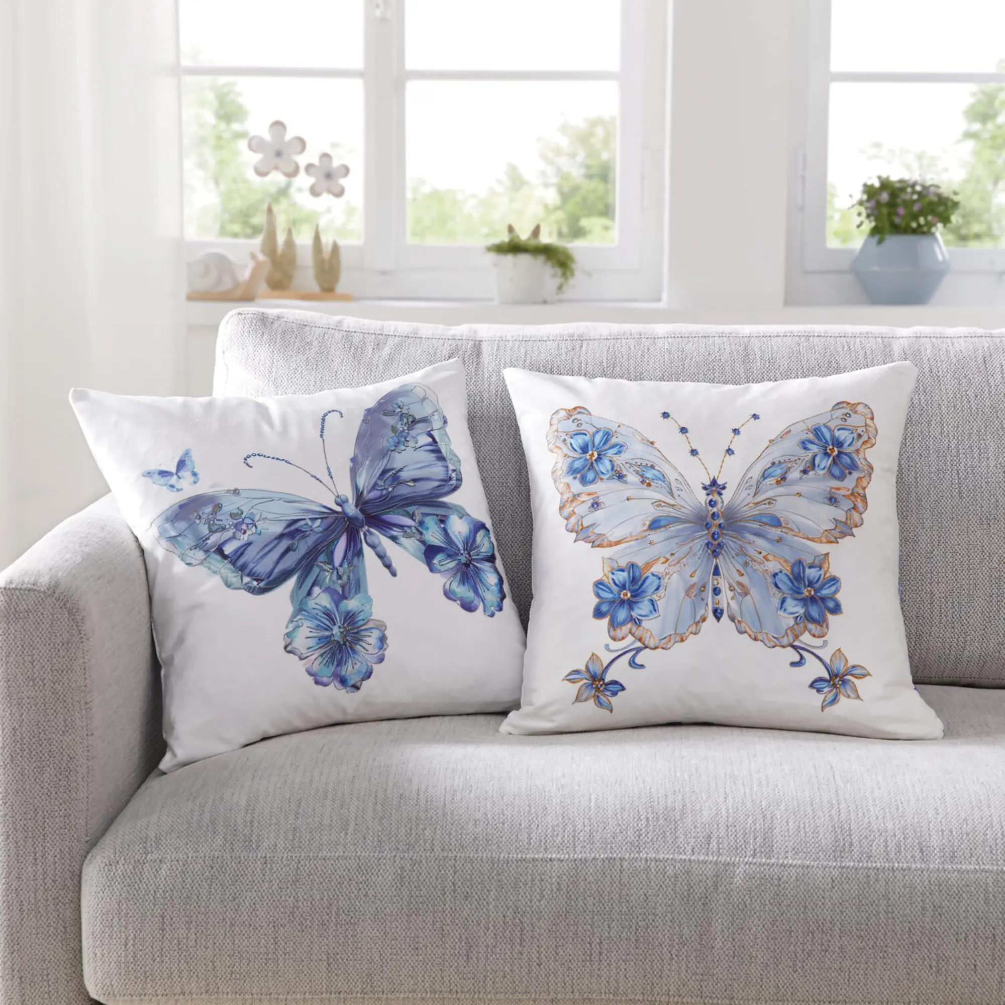 Acheter Lot de 2 housses de coussin "Papillon bleu"  dans la boutique en ligne de Frank Flechtwaren pour Remplissages