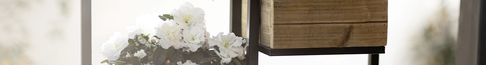 Gartendeko: natürliche Blumen und Holzobjekte als stilvolle Dekoration für den Außenbereich