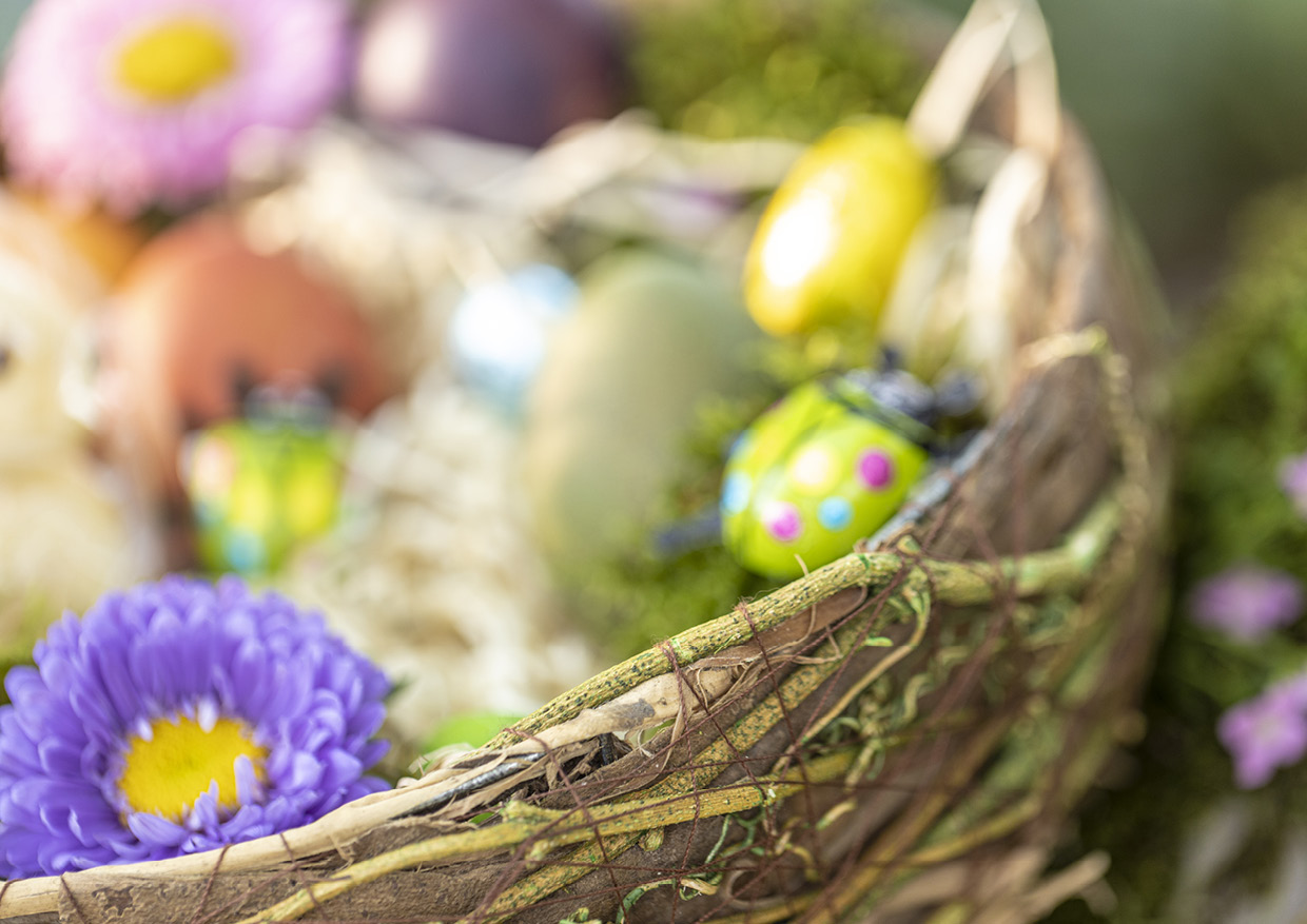 Das Bild zeigt ein Osternest. Dekoriert mit bunten Blumen und Osgtereiern