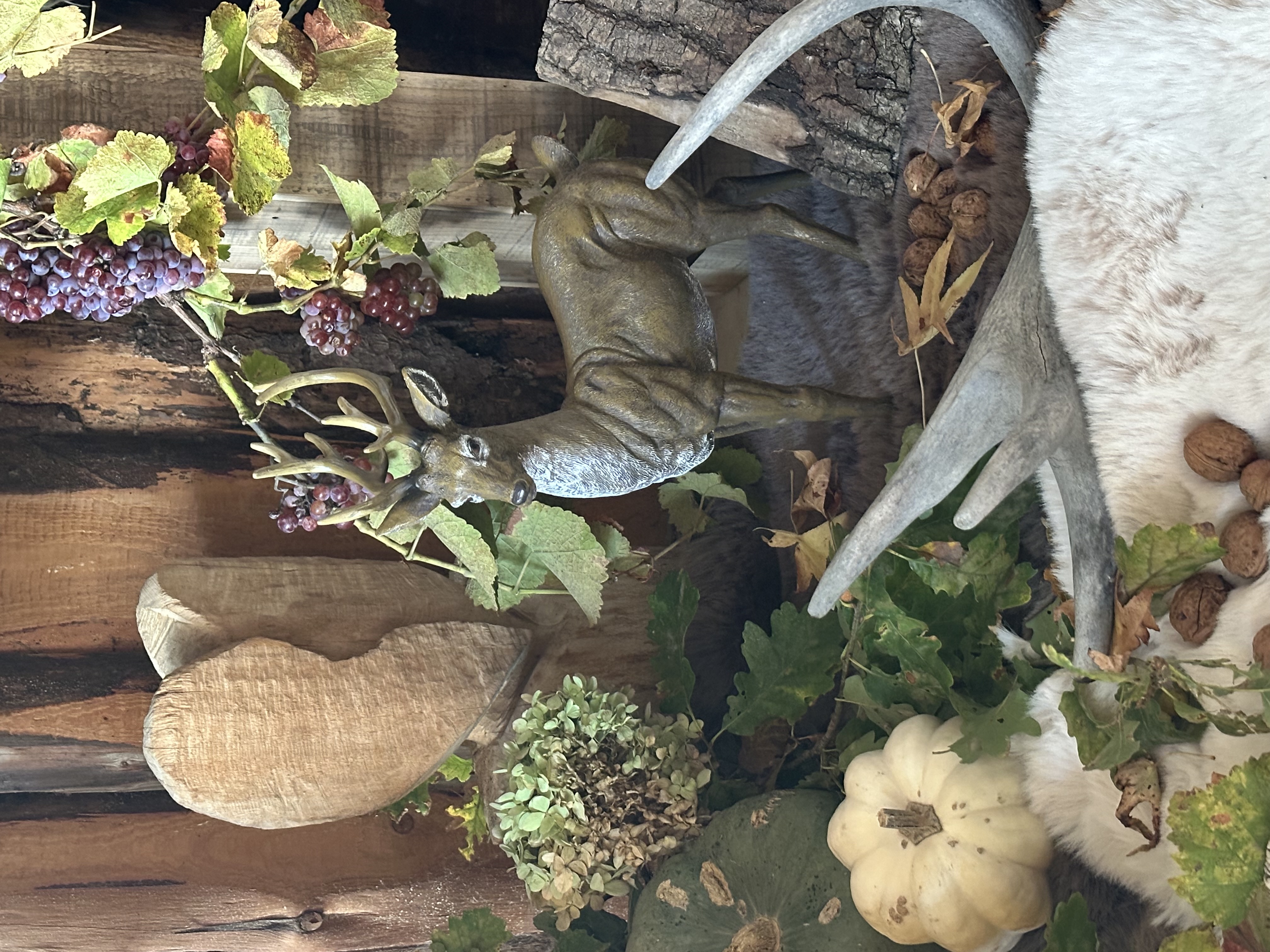Décoration d'automne : figurine de cerf avec des vrilles de vigne, une citrouille décorative et des bois de cerf, dans un style champêtre