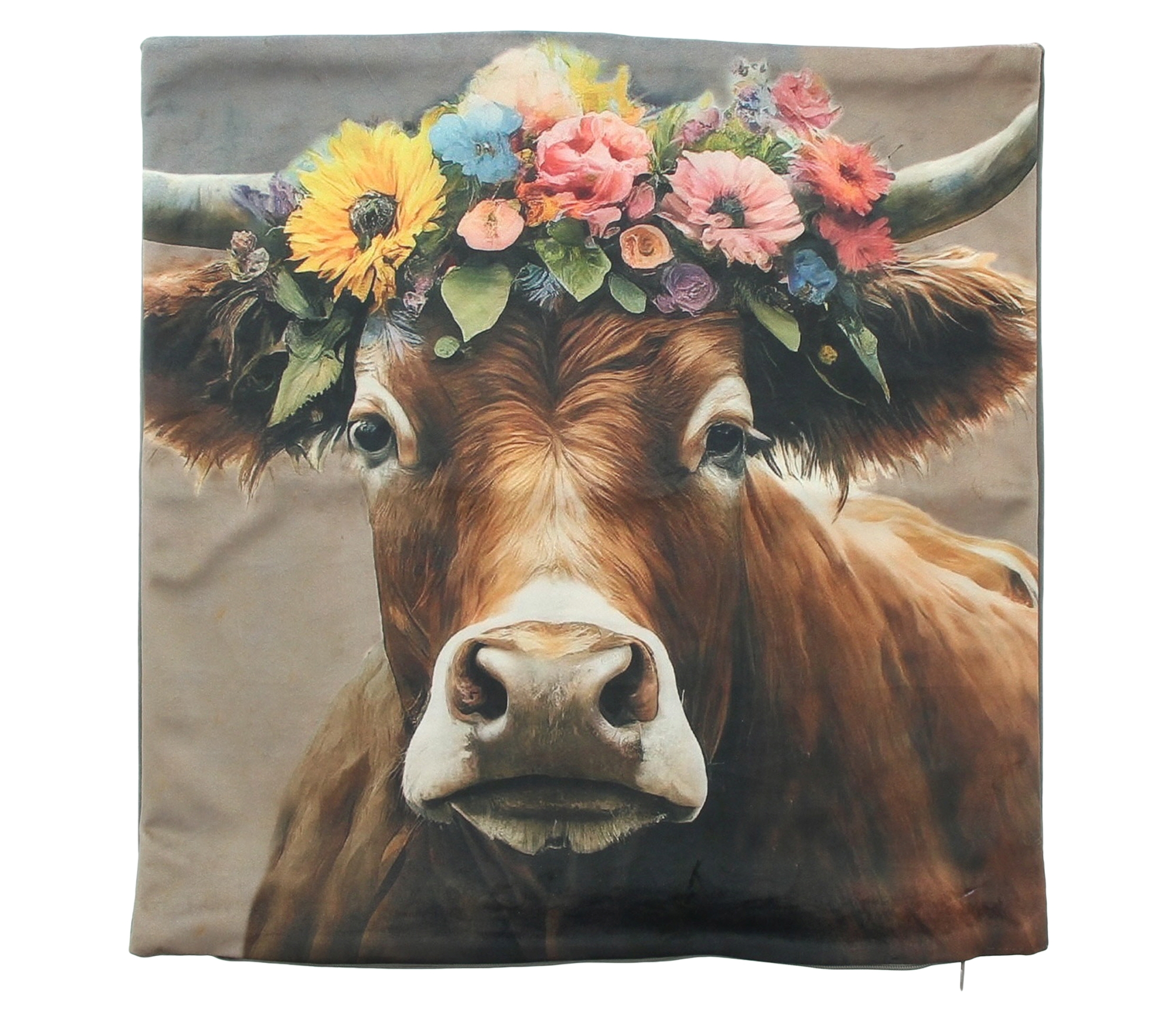 Acheter Housse de coussin "vache avec couronne de fleurs"  dans la boutique en ligne de Frank Flechtwaren