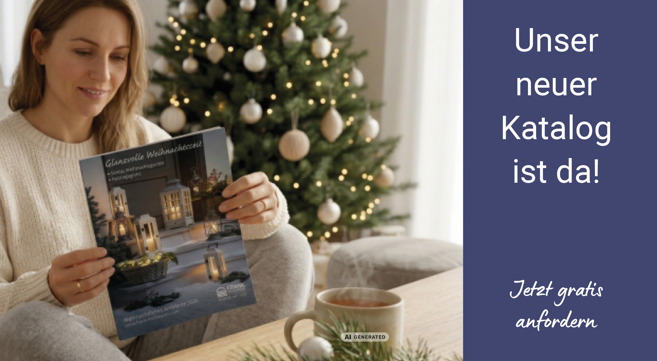 Commande du catalogue : une personne feuillette le catalogue de Noël devant un sapin décoré, source d'inspiration pour une décoration d'intérieur hivernale