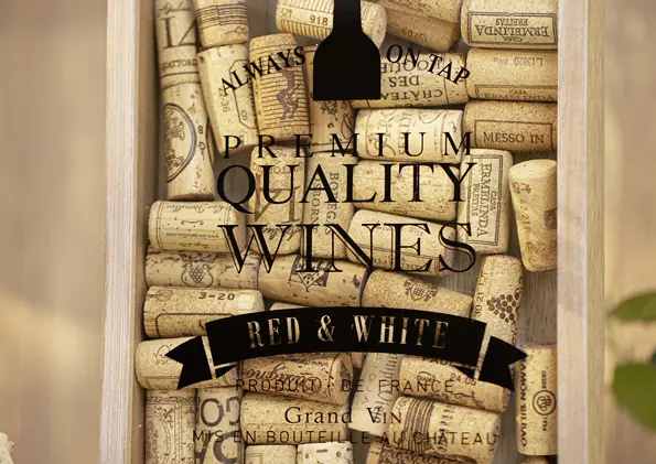 Chèque-cadeau orné d’un cadre décoratif rempli de bouchons de vin et portant l’inscription « Premium Quality Wines – Red & White »