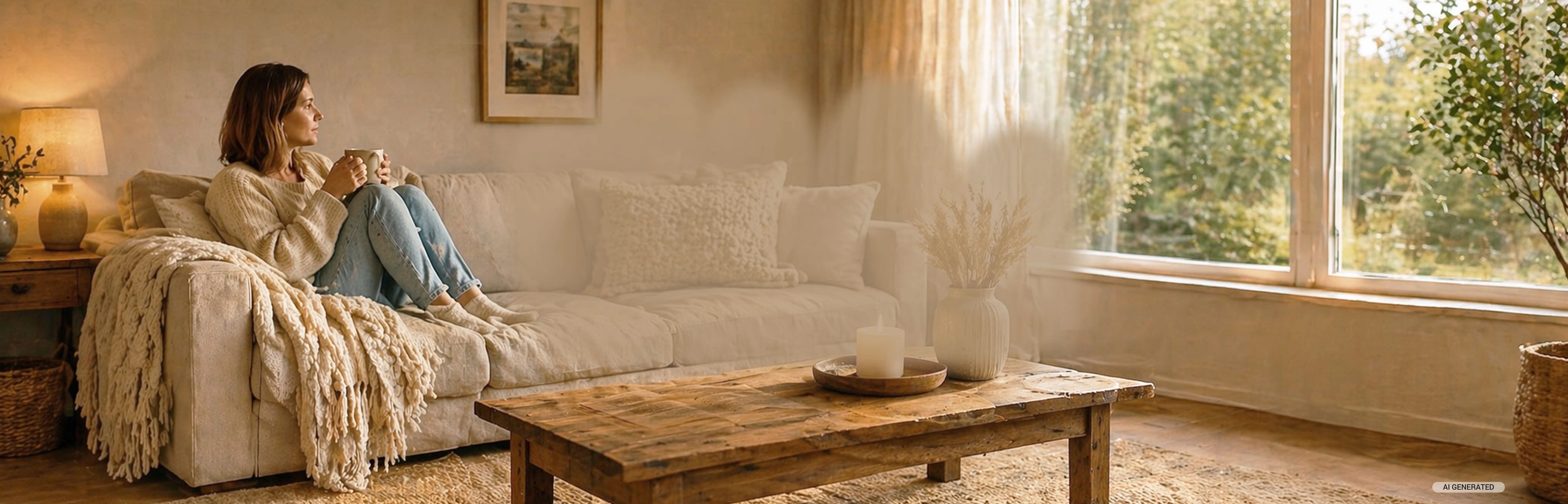 Inspiration déco : un salon lumineux avec un canapé, une table en bois, une bougie et une décoration naturelle