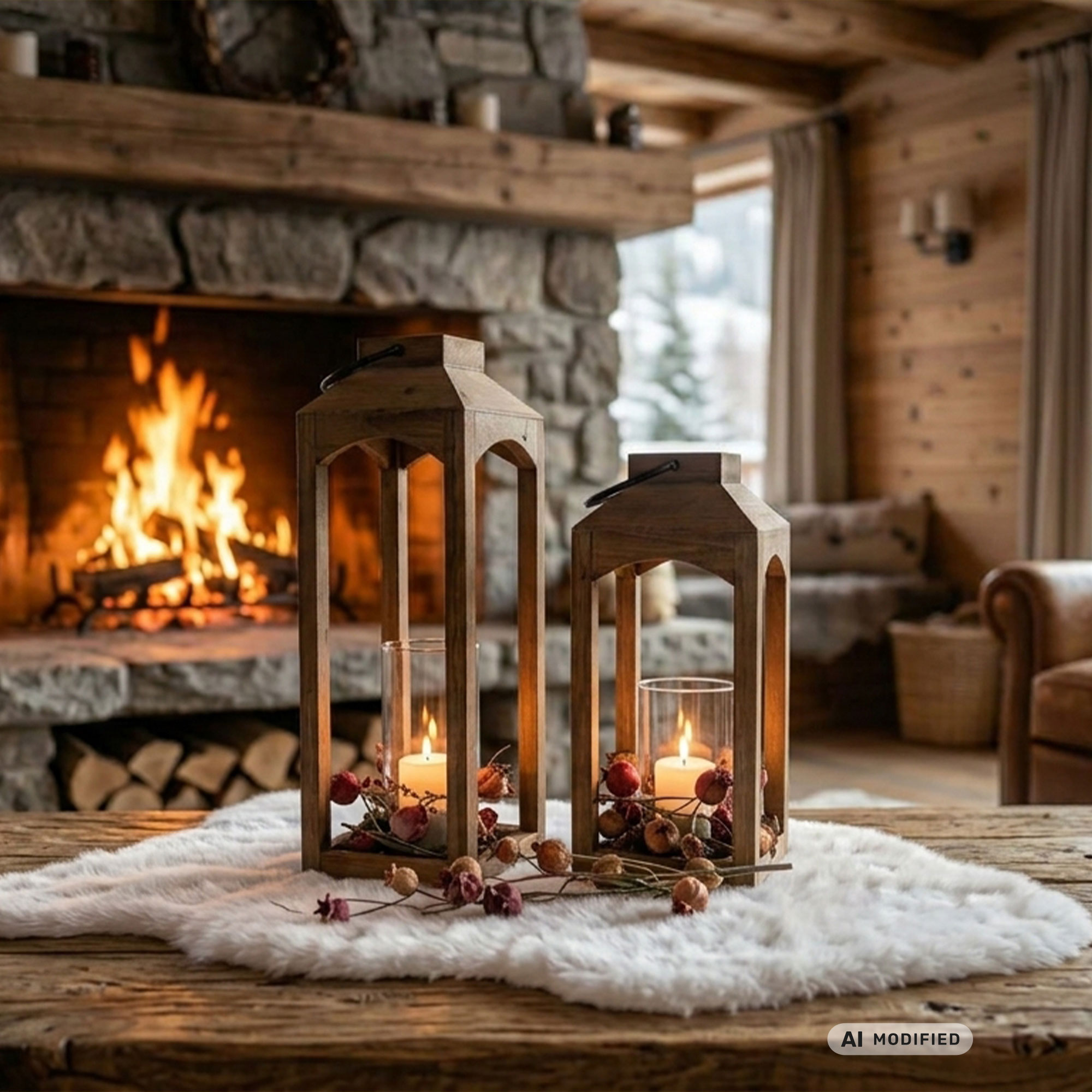 Décoration d'hiver : des lanternes en bois avec des bougies posées sur de la fourrure devant un feu de cheminée, pour une décoration de chalet chaleureuse